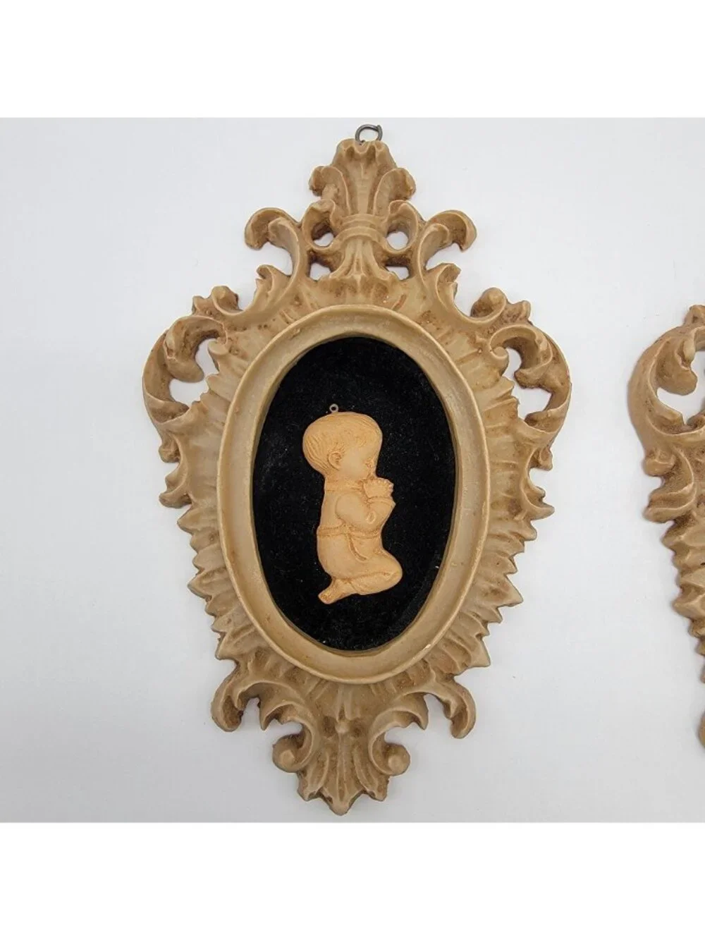 Pair Of Vintage Capodimonte Praying Children Wall Art Plaques With Ornate Frames